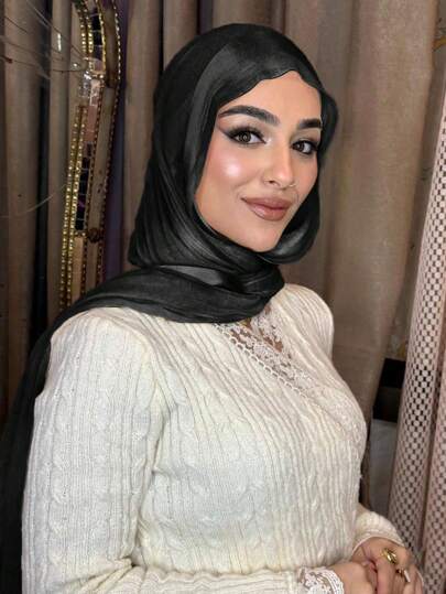 1pc Women Solid Color Chiffon Stripe Soft Scarf, Modest Arabian Style Long Casual Head Wrap, Suitable For Daily Use For Dress