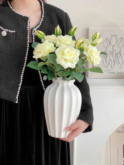 1PC Shatterproof Faux Ceramic Plastic Vase, Moderne Minimalist Home Wit Gestreepte Textured Cylindrical Elegante Multi Functional ative Flower Vase Wedding, Office, Seasonal Displays, Year Round Indoor/Outdoor Room Glass view 8