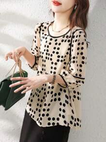 YUXIN 泡泡袖衬衫，时尚波尔卡圆点夏季女式衬衫 - 杏色 - 查看 5