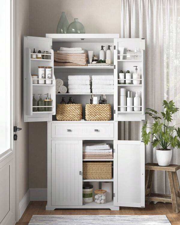 VASAGLE Küchenschrank, Hochschrank Küchenbuffet Vitrinenschrank, Buffetschrank mit Verstellbaren Ablagen, Esszimmerschrank mit Schubladen, für Wohnzimmer Küche, 40 x 76 x 182,1 cm, Weiß