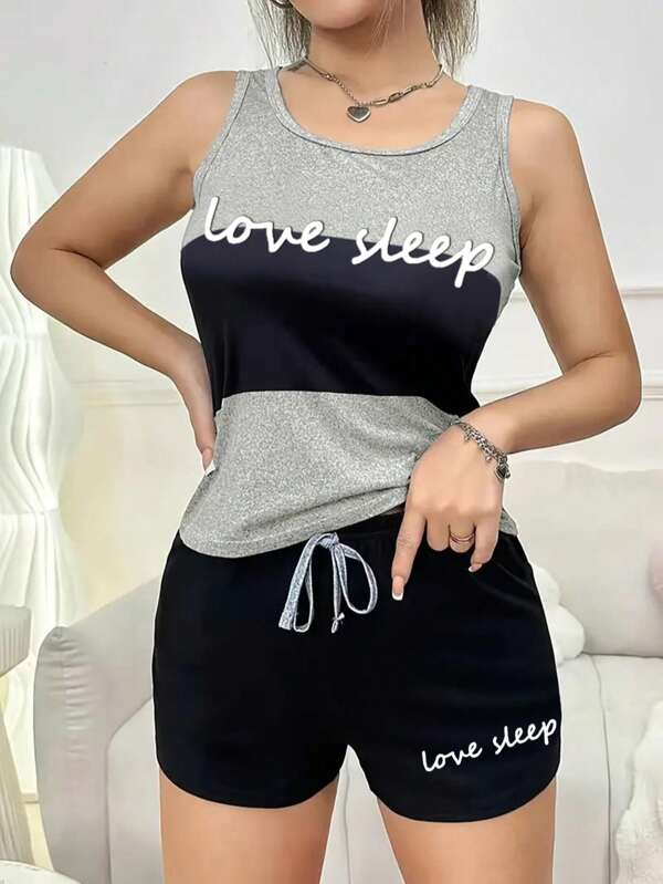 2pcs Loungewear Letter Print Vest & Shorts Pajamas Set