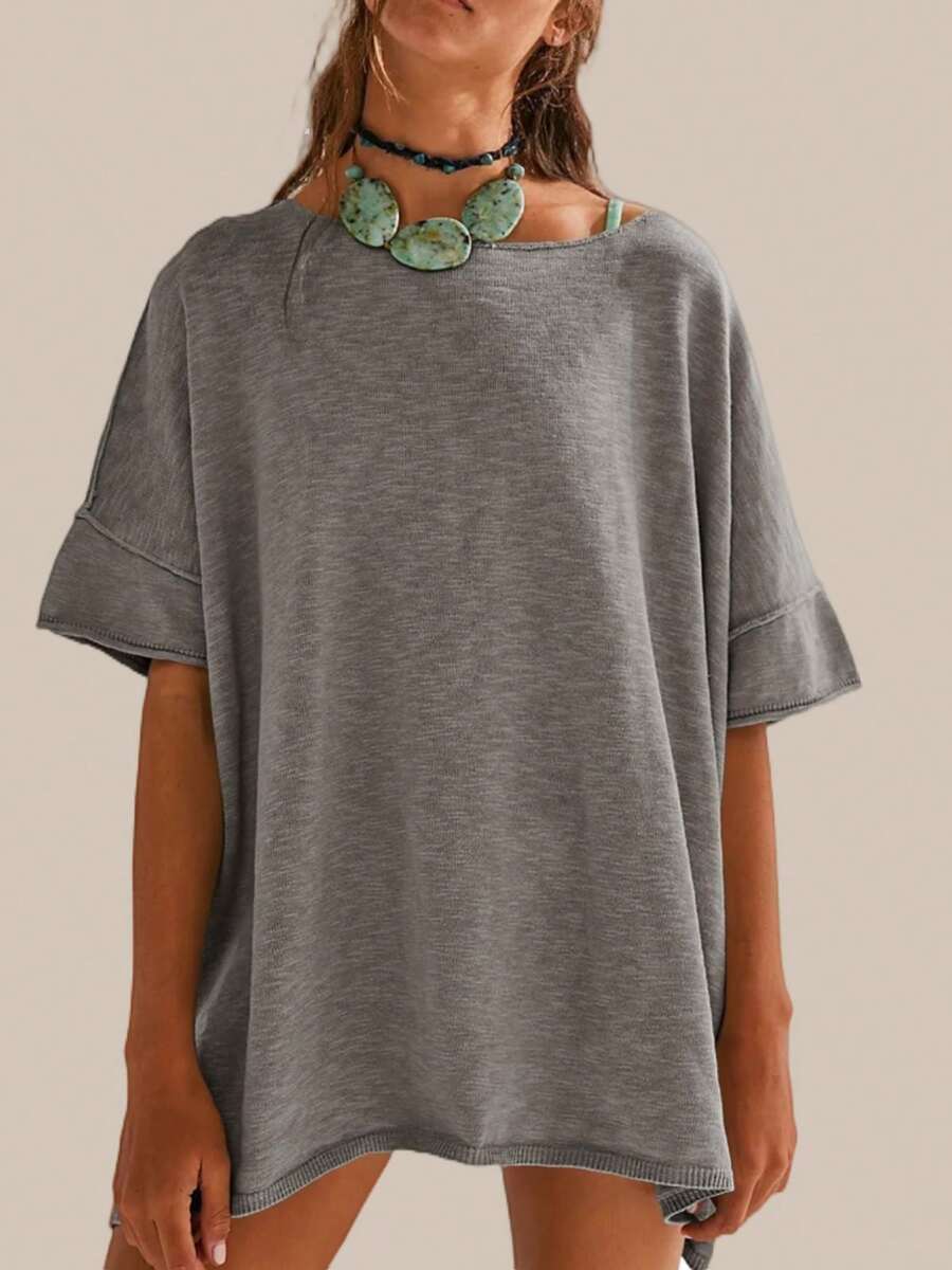 Women's Oversized T Shirt Loose Fit Crew Neck Short Sleeve Side Slit Summer Blouse Top - 灰色 - 查看 1
