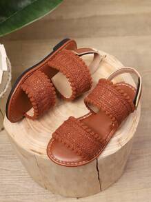 1 Pair Plus Size Brown Toddler/Little Girls Flat Sandals, Knitted Fabric Dual Strap Hook And Loop Back Heel Design Open Toe Fashion Luxury Cute Roman Style Sandals, Suitable For 3-16 Years Old Students For Casual, Holiday, Travel Wear, Spring/Summer 2025