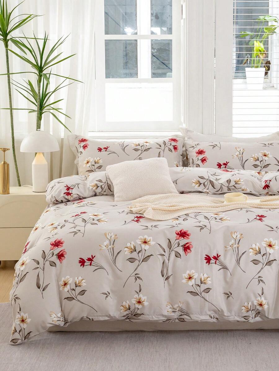 3pcs/Set Floral Pattern Duvet Cover Set(1 Duvet Cover & 2 Pillowcase)Soft And Skin-Friendly Duvet Cover Bedding Set For Home, All Season Bed Sheets Set