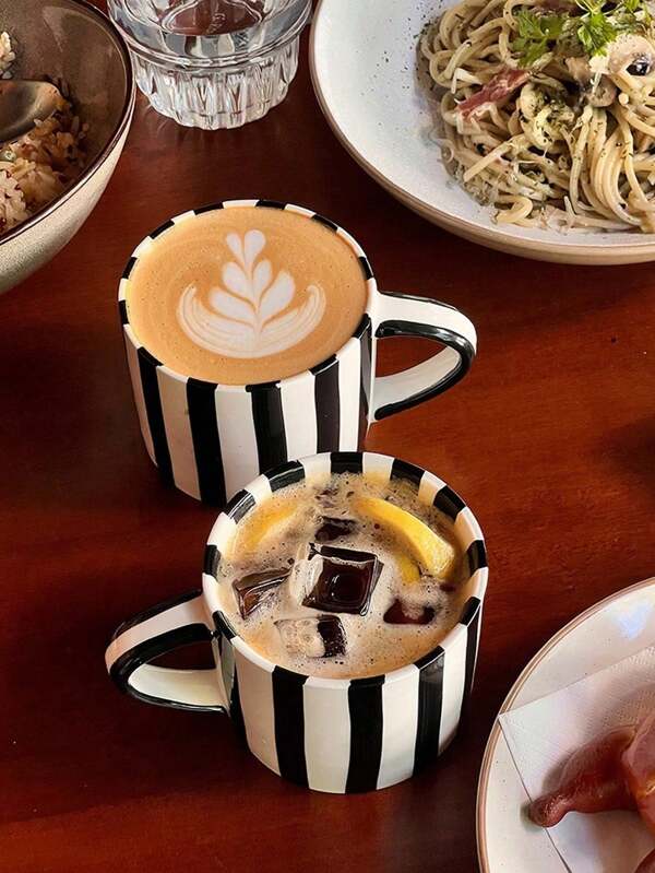 1 pieza Taza de café y platito de cerámica a rayas clásica, taza estilo retro minimalista nórdico, apta para latte, café, matcha, té, café árabe, gran capacidad para café americano, gran regalo para amigos y familia