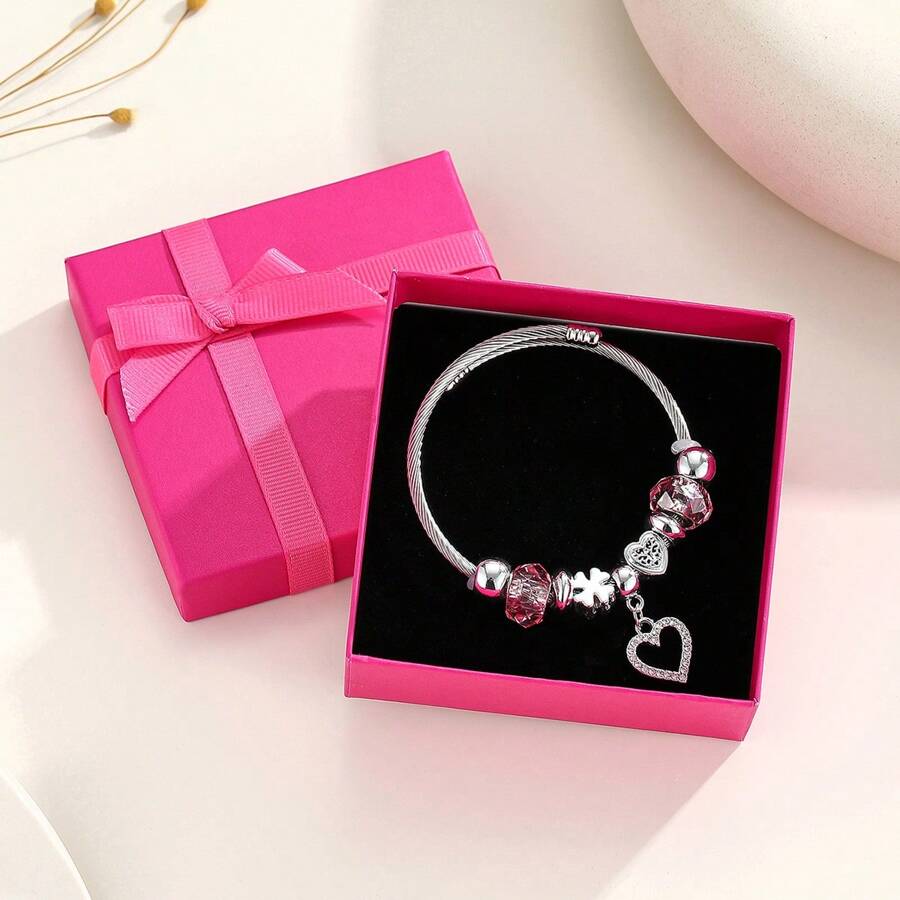1pc Gift Box Heart Charm Bracelet - Elegant Style - Stainless Steel Won't Fade - Adjustable Size - Suitable For Daily Wear And Gift Giving - Ideal Gift For Special Someone - Fashion Women Bracelet