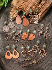 TopHanqi 10pcs/Set Retro Coffee Color Earrings For Women, Bohemian Vintage-Inspired Hollow Out Earrings Featuring Geometric, Sea Star, Animal Designs, Metal Texture, Versatile Daily/Party/Gift Accessory, All-Seasons - Dark Brown - View 10