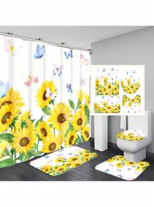 1 cái/4 cái Rèm tắm chống thấm nước đa chức năng họa tiết hoa hướng dương phong cách mùa hè có 12 móc, thảm chống trượt cho phòng tắm, thảm trải sàn hình chữ U, nắp bồn cầu tròn, bộ đồ dùng phòng tắm phù hợp với mọi tình huống - Nhiều màu - Xem 14