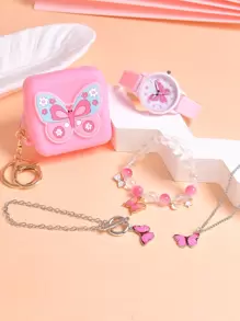 5入組/套時尚軟矽膠粉色的蝴蝶手錶套裝適合女孩,包括石英表,彈性蝴蝶手環,吊墜項鍊,手環,和零錢包 - 粉色 - 查看 4