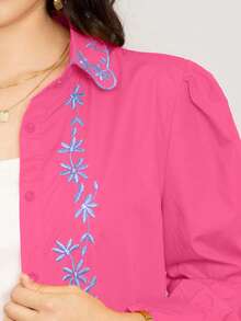 Camisa lisa con bordado floral casual para mujer de moda - Rosa - Ver 4