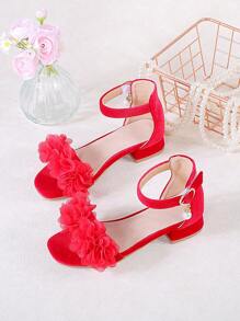 1 Pair Girls' Fashionable And Cute Red Flower High Heel Sandals, Suitable For Summer