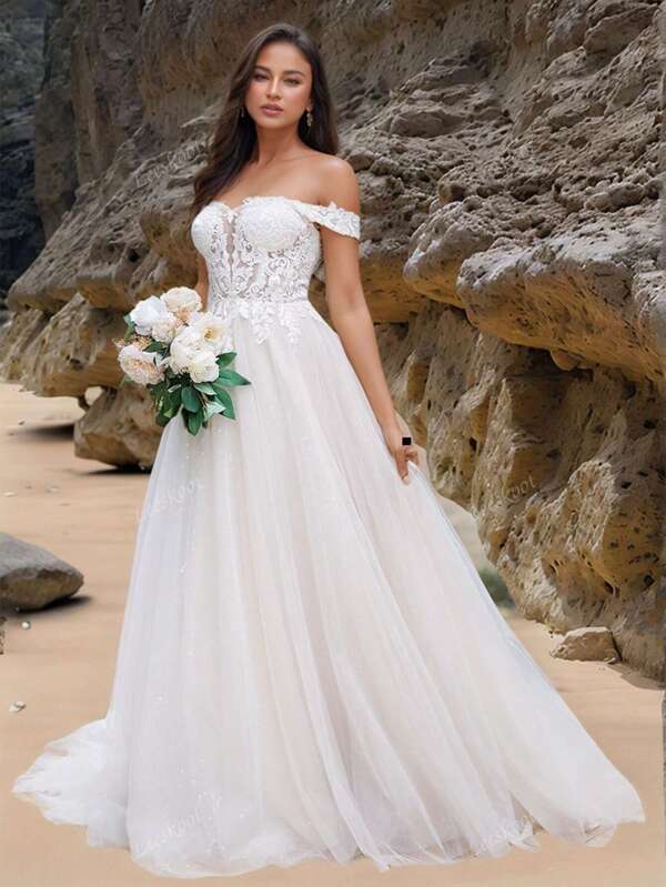 Off Shoulder Luxury Lacey Wedding Dresses Long For Women Ball Gowns Illusion Top Ivory Lace Bridal Gowns With Champagne Lining Lace Up Back Tulle Wedding Gowns With Long Train, Bride