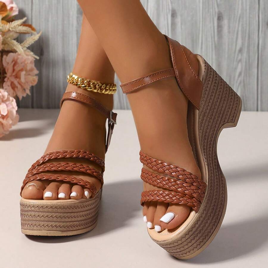2025 Women's New Summer Wedge Thick-Soled Strap Woven Open Toe Sandals,8cm Heel Height Suitable For Short Women, For Travel, Party, Dating, Vacation - Brown - View 1