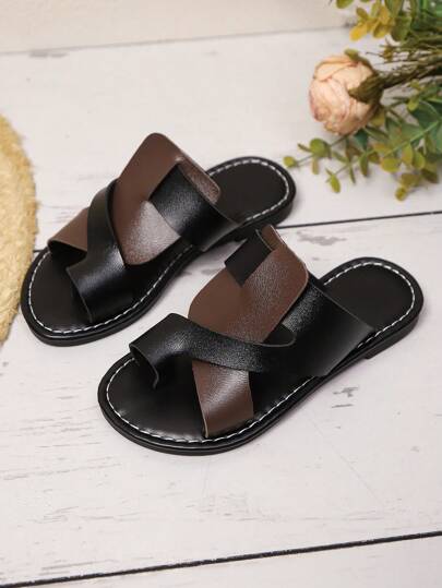 1 Pair Black Plus Size Toddler Girls' Fashion Slippers, Black & Brown PU Strap, Round Toe Slip-On Design, Lightweight & Stylish, Versatile & Cute Roman Sandals, Suitable For 3-15 Years Old Students For Daily, Casual, Party, Travel, Spring/Summer 2025, Recommend Ordering One Size Up