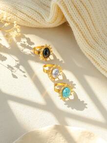 1pc Stainless Steel Ring With Unique Textured White, Black, Blue Natural Stone, Suitable For Women Everyday, Party, Halloween, Valentine's Day, Thanksgiving Gift