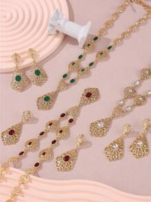 1 Set French Romantic Hollow Out Metal Rhinestone Inlaid Moroccan Popular Fashion Rhinestone Necklace & Earrings Jewelry Set, Women Wedding Party Holiday Festival Gift, Mother's Day - Jewelry Sets - View 1