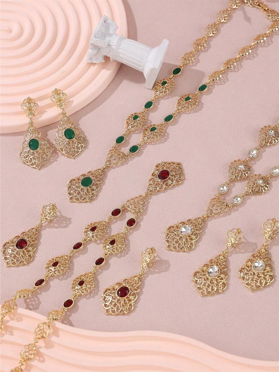 1 Set French Romantic Hollow Out Metal Rhinestone Inlaid Moroccan Popular Fashion Rhinestone Necklace & Earrings Jewelry Set, Women Wedding Party Holiday Festival Gift, Mother's Day - Jewelry Sets - View 1