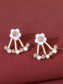 1pair Women's Daisy Flower & Crystal Stud Earrings, Korean Style Sweet & Simple Design, With Back Hanging Detail