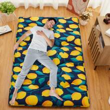 Twin/Full Size Japanese Futon Mattress, Modern Foldable Thick Tatami Floor Mat With Lemon Pattern, Portable Washable Sleeping Mat With Comfortable Foam For Camping, Dormitory, Blue Black Light Grey