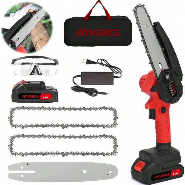 Motosierra Eléctrica Inalámbrico Portátil Podar 6in Atverce, Sierra inalámbrica de mano de 6 pulgadas, motosierra portátil con 1 batería de litio recargable de 21 V, 1 cargador y 2 cadenas para jardinería, corte de ramas, madera (negro)