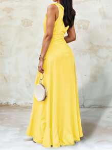 Women's Elegant Off Shoulder Deep V Neck Ruffle Leg Slit Maxi Dress - Yellow - View 2