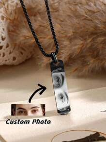 Customized Stainless Steel Laser Engraved Eye Photo Necklace, 60cm Faux Pearl Chain Personalized Rectangle Pendant Necklace, Gift For Boyfriend Couples Eye-To-Eye Couple Necklace,Jewelry & Watches,Season Picks,Custom Name Stainless Steel Necklace, Personalized Nameplate - Silver - View 4