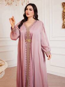 Plus Size Women Lantern Sleeve Patchwork Abaya Dress With Sleeveless Elegant Dress, Modest Kaftan - Dusty Pink - View 3