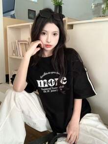女士夏季刺绣休闲宽松短袖T恤 - 黑色 - 查看 1