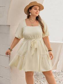 Rusttydustty Women's Plus Size Linen Feel Beige Square Collar Short Sleeve Belt Short Dress Boho Easter Beach Outfits Hawaii Coachella Music Festival Tropical Vacation