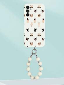 1pc White TPU Layered Cartoon Cat Meme Pattern Drop-Proof Phone Case And 1pc White Furry Pom-Pom Phone Lanyard Strap, Compatible With IPhone/Android///OPPO Phones, Including IPhone 16 Pro Max, A14, A54, A52, A31 4G, A23, Redmi Note 8 Pro, Note 11 Pro 4G, Note 12 4G, OPPO A54