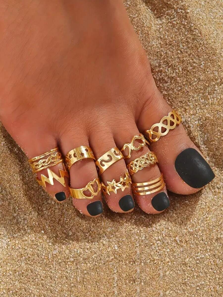 10 Pieces Star & Moon Open Toe Ring Set - Adjustable Geometric Hollow Beach Toe Rings