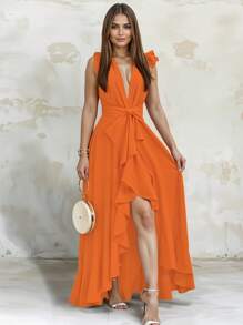 Women's Elegant Off Shoulder Deep V Neck Ruffle Leg Slit Maxi Dress - Orange - View 3