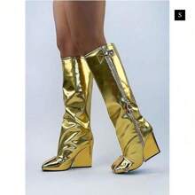 Square Toe Wedge Heel Boots - Vàng - Xem 2