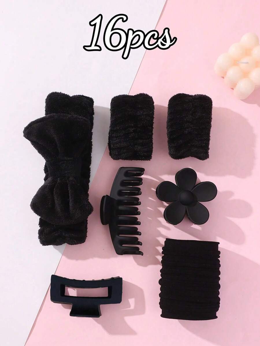 Conjunto de 16 peças de faixas de cabelo com laço em fleece coral para lavar o rosto, faixa de cabelo fofa, pulseira e presilha de cabelo de pelúcia com flor para acessórios femininos, decoração de casa e banheiro, decoração de outono, volta às aulas e penteados. - Multicolorido - Ver 1