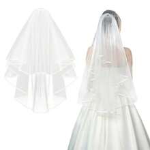 White Ivory 2 Layers Wedding Bridal Veil Elbow Length With Comb 2025 - Red and White - View 6