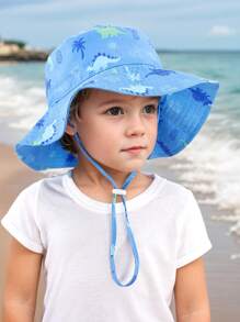 1pc Kids Sun Protection Bucket Hat With Windproof Rope, Simple Solid Color Or Cartoon Print Design, Thin Breathable Bucket Hat, Beach Hat And Bucket Hat Suitable For Daily Travel