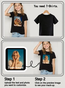 Customized Text Personalized T-Shirt For Boys & Girls, Customized Graphic Design, Youth & Teenage Girls T-Shirt, Enter Your Text/Name/Birthday Wishes/Message, Upload Photo Of Friend/Relative, Team/Outdoor Uniform Customization, Spring/Summer Round Neck Short Sleeve Girls/Children T-Shirt, Black Top, Holiday Gift, Birthday Gift, 1st Birthday Gift, Party Gift, Summer Girls/Children Top