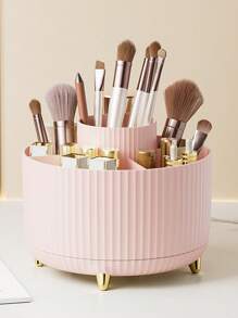 360°Rotating Makeup Organizer - 1pc Plastic Cosmetic Storage With 5 Compartments - Multi-Functional Holder For Brushes, Lipsticks, Skin Care Products, And Stationery - Unscented Desk Caddy With Luxury Stripe Design Home Bathroom Decor Summer Makeup Organizer Back To School