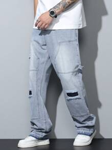 Loose Denim Cargo Pants With Ripped Patchwork Design, Fashionable Washed Cotton Jeans