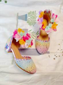 Dreamlike Colorful Floral Wreath Girls High Heel Dress Shoes, Strap Sandals Very Suitable For Vacation, Outdoor Travel, Performance, Costume - Multicolor - View 6