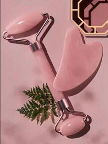 1Set Rose Quartz Double Head Roller Massager Heart Shaped Face Eye Massage Scraping Gua Combination Set