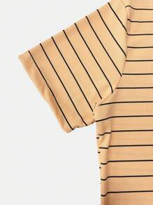 K&K FASHION Ribbed Striped T-Shirt - Coral Orange - View 5