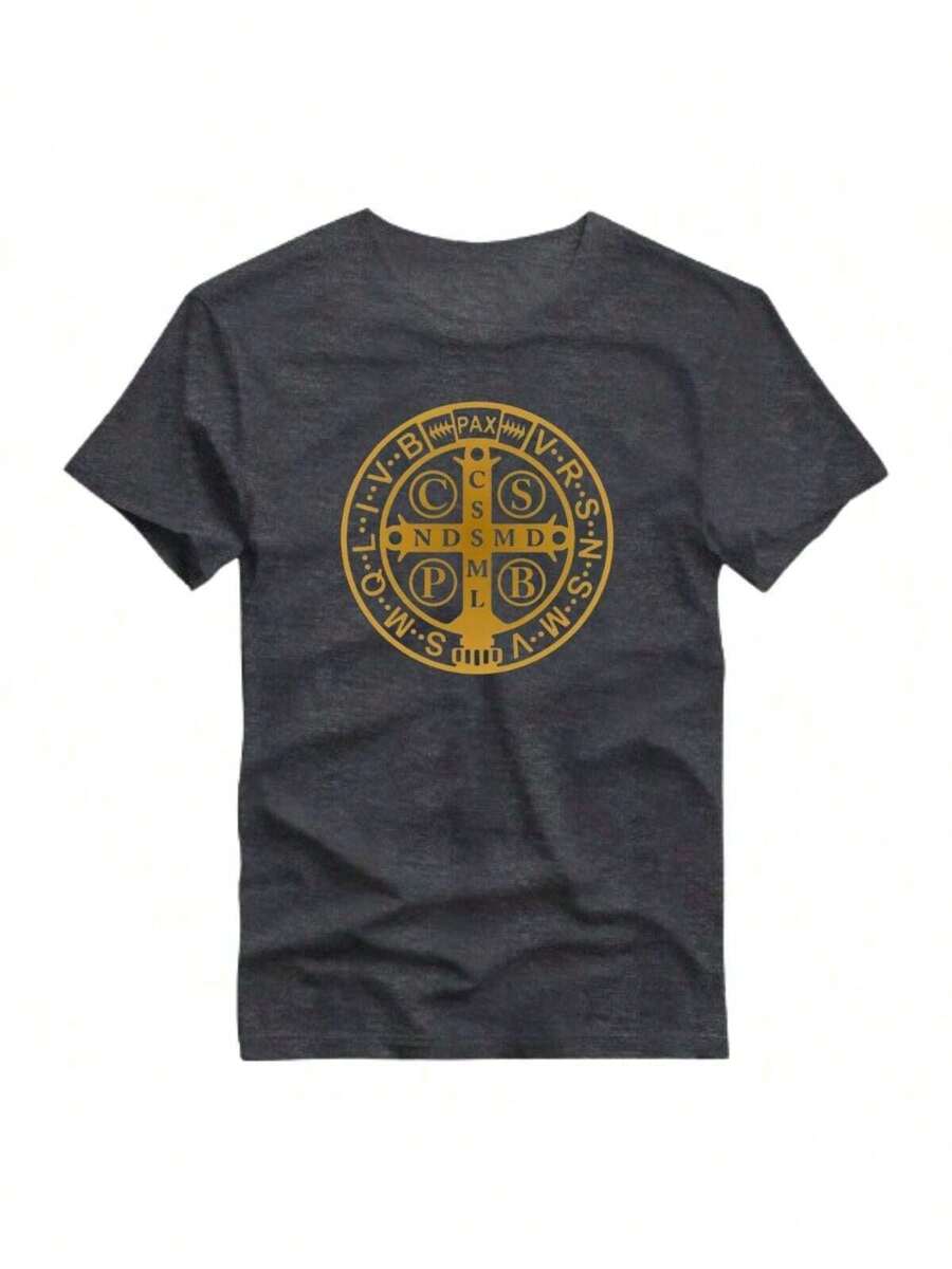 Camiseta Básica Estampada Camisa 100% Algodão Estampa Medalha De São Bento - Chumbo - Visão 1