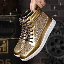 Men's Casual Sneakers Flat Skate Shoes, Fashion Sporty Glitter Sequin Glowing Party Shoes, Dancing Stage Shoes - Gold - View 3