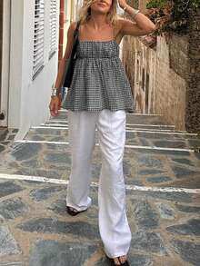 VIVINA 女式简约格子荷叶边下摆吊带背心，度假风格