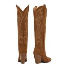 Womens Cowboy Knee High Boots Cowgirl Boots Western Boots With Embroidered Pointed Toe Chunky Heel Slip On Retro Tall Boots