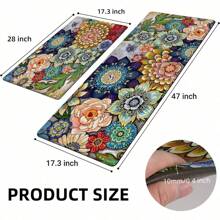Boho Floral Kitchen Rugs Mats For Floor Bohemian Vintage Flower Kitchen Rug Anti Fatigue Non Slip Cushioned Comfort Standing Mat, 17.3x28+17.3x47 Inch