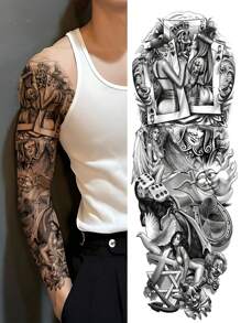 1 Sheets Extra Large Full Arm Size Body Art Temporary Tattoo Stickers For Men, Black 3D Mask Rhinestone Rose Flower Clown Playing Cards Street Style Pattern, Waterproof Fake Sleeves Tattoos, Lasts 2-5 Days, Covering Scars, Can Be Used On Arms Wrist Shoulders Legs Waist Neck Hand Chest Thighs Finger, Best Friend Couple Party Tattoo