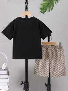 Young Boy Summer Colorblock Pocket Round Neck Short Sleeve T-Shirt And Drawstring Shorts Casual Sports Suit - Black - View 2