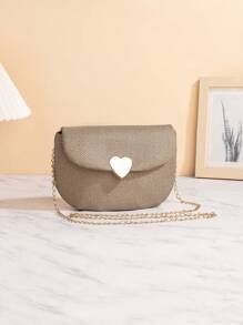 夏日节新款绗缝PU简约马鞍包，情侣款爱心五金斜挎包，金属链条单肩包，零钱包，适合女性、女生、晚宴、派对、购物、日常通勤、旅游度假等场合。 - 咖啡 - 查看 1